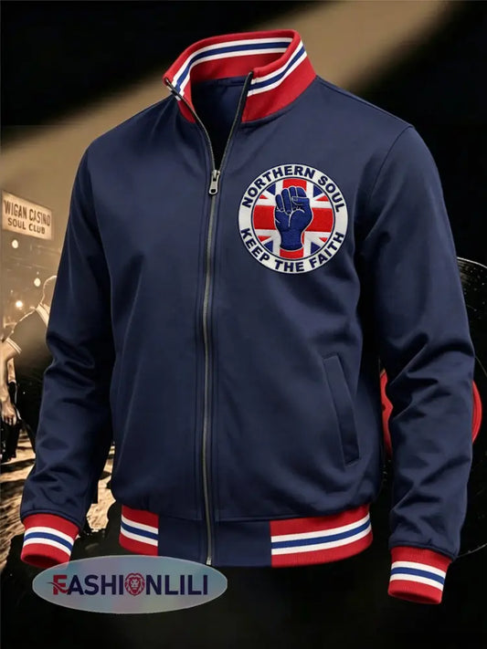 Men’s Retro Northern Soul Keep The Faith Print Casual Zipper Sweatshirt - Deep Blue / S