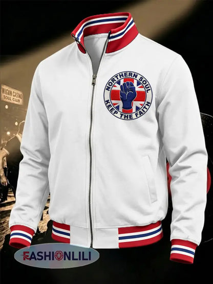 Men’s Retro Northern Soul Keep The Faith Print Casual Zipper Sweatshirt - White / S
