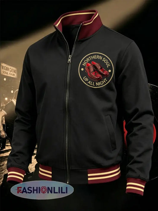 Men’s Retro Northern Soul Up All Night Print Casual Zipper Sweatshirt - Black / S