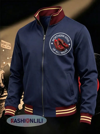 Men’s Retro Northern Soul Up All Night Print Casual Zipper Sweatshirt - Deep Blue / S