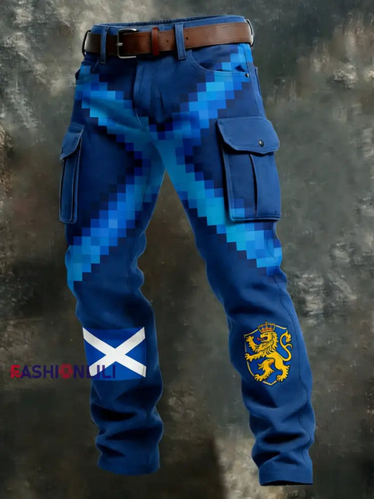 Men’s Retro Scotland Football Lover Tartan Army Business Style Casual Work Trousers Blue / S