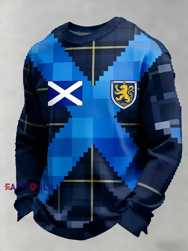 Men’s Retro Scotland Football Lover Tartan Army Casual Long-Sleeve T-Shirt Navy Blue / S