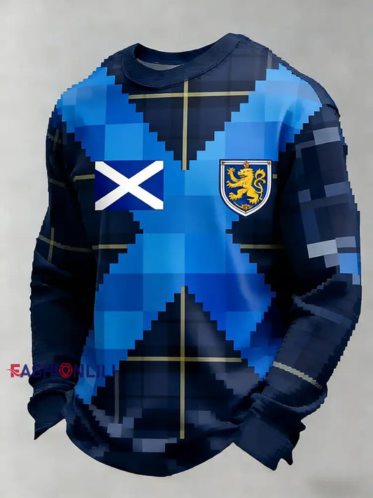 Men’s Retro Scotland Football Lover Tartan Army Casual Long-Sleeve T-Shirt Navy Blue / S
