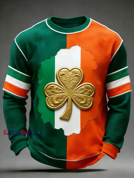 Men’s Retro St. Patrick’s Day Art Waffle Long-Sleeved Top Green / S