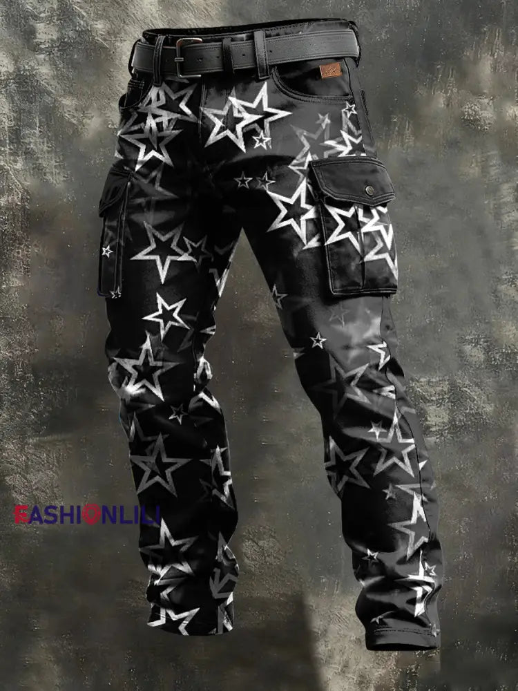 Men’s Retro Vacation Business Art Print Casual Workwear Trousers Black / S