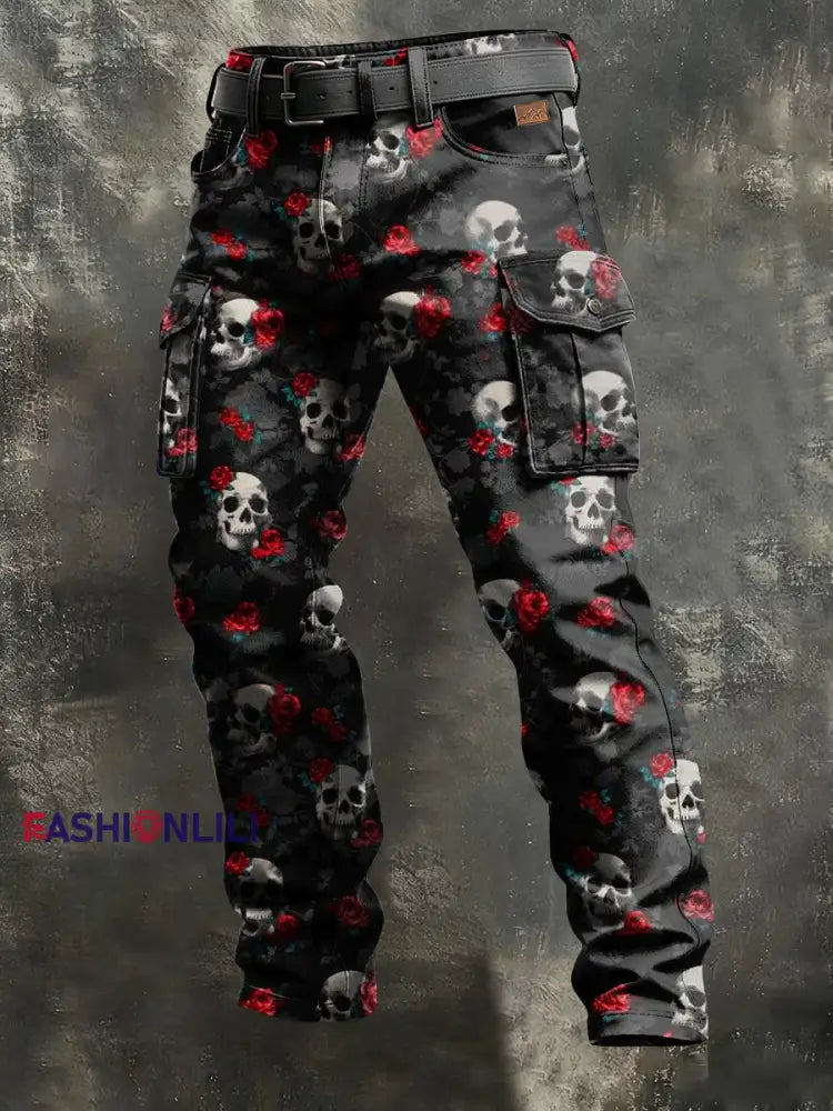 Men’s Retro Vacation Business Art Print Casual Workwear Trousers Black / S