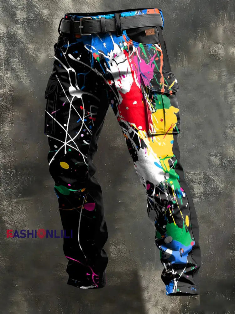 Men’s Retro Vacation Business Art Print Casual Workwear Trousers Black / S