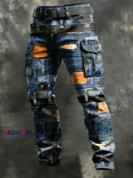 Men’s Retro Vacation Business Art Print Casual Workwear Trousers Blue / S