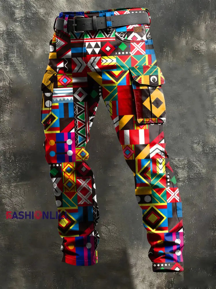 Men’s Retro Vacation Business Art Print Casual Workwear Trousers Multicolour / S