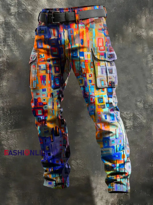 Men’s Retro Vacation Business Art Print Casual Workwear Trousers Multicolour / S