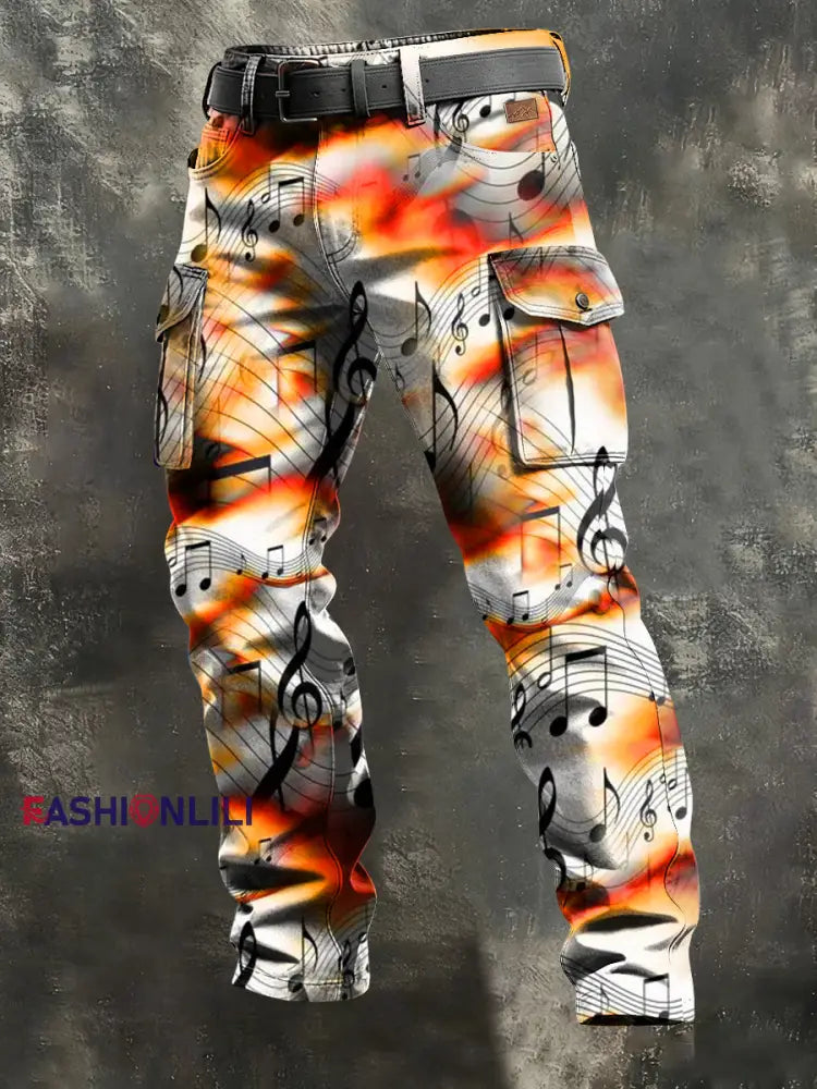 Men’s Retro Vacation Business Art Print Casual Workwear Trousers Orange / S