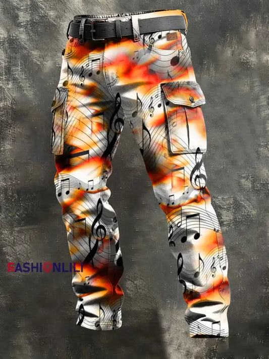 Men’s Retro Vacation Business Art Print Casual Workwear Trousers Orange / S