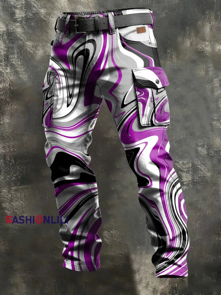 Men’s Retro Vacation Business Art Print Casual Workwear Trousers Purple / S