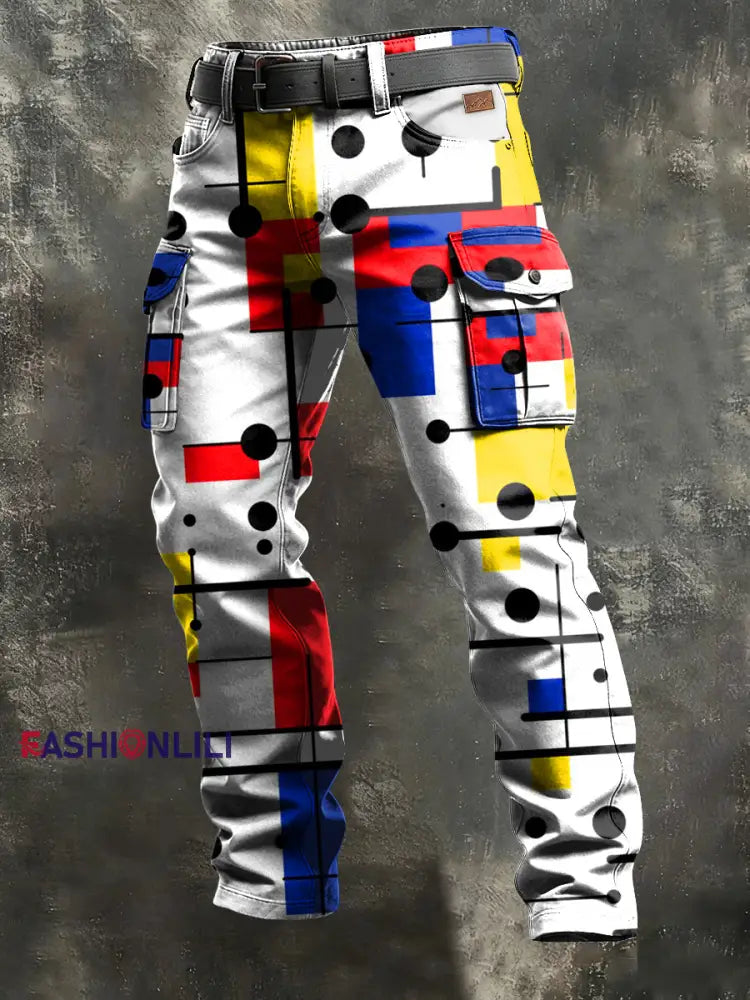 Men’s Retro Vacation Business Art Print Casual Workwear Trousers White / S