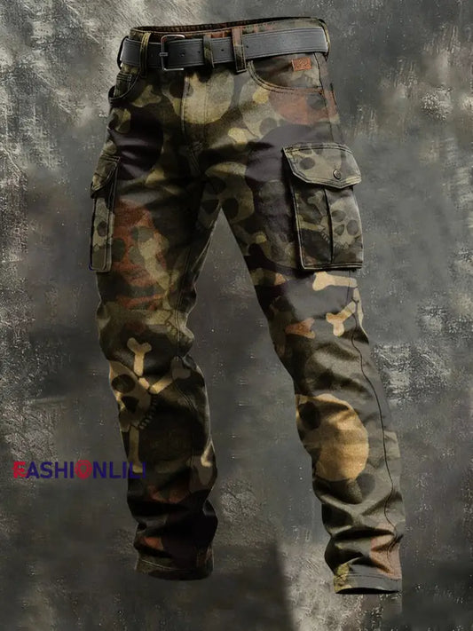 Men’s Retro Vacation Business Skull Art Print Casual Workwear Trousers Army Green / S