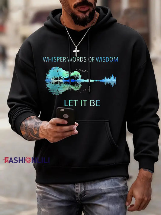 Men’s Retro Whisper Words Of Wisdom Let It Be Guitar Print Casual Hoodie Black / S