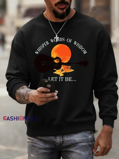 Men’s Retro Whisper Words Of Wisdom Let It Be Guitar Print Casual Sweatshirt Black / S