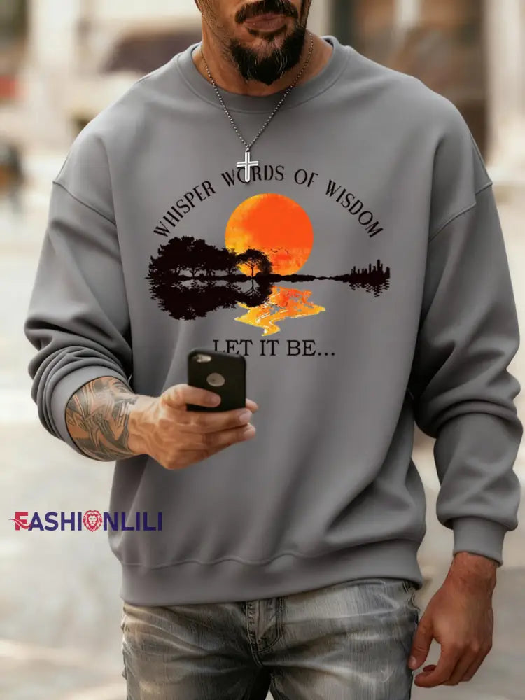 Men’s Retro Whisper Words Of Wisdom Let It Be Guitar Print Casual Sweatshirt Gray / S