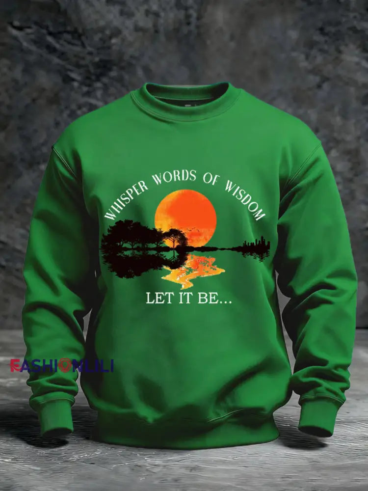 Men’s Retro Whisper Words Of Wisdom Let It Be Guitar Print Casual Sweatshirt Green / S