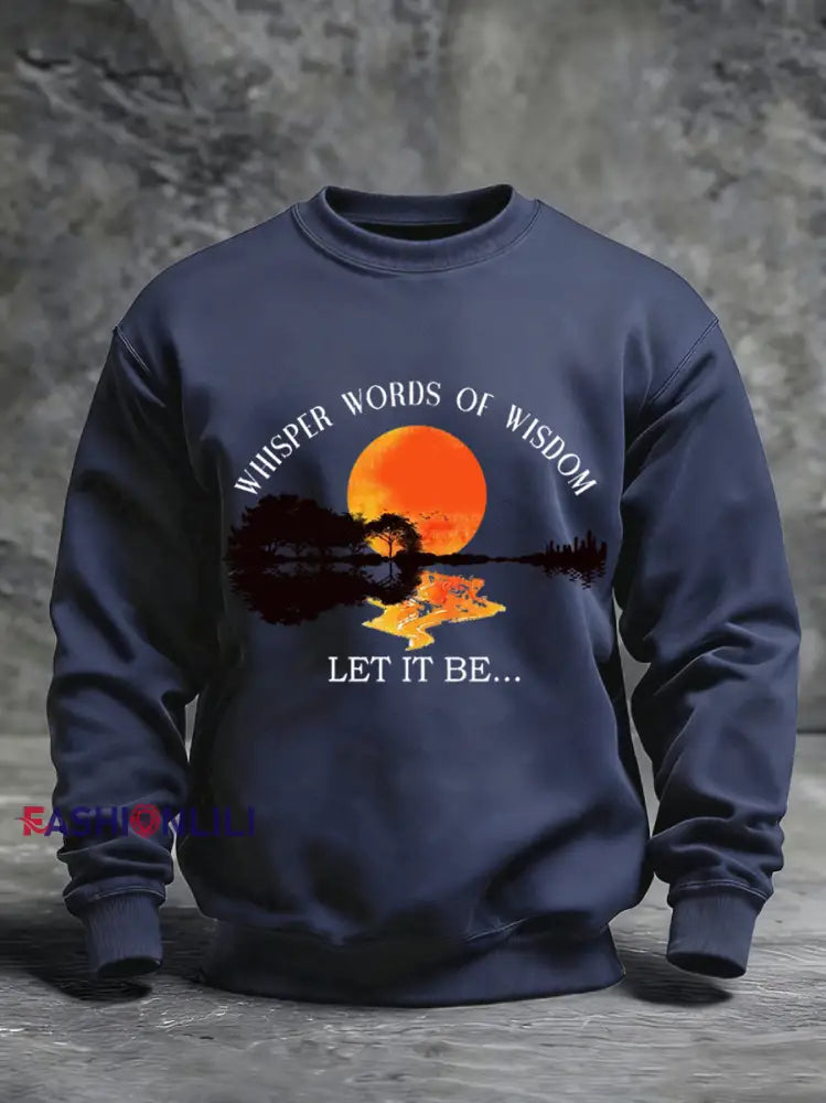 Men’s Retro Whisper Words Of Wisdom Let It Be Guitar Print Casual Sweatshirt Navy Blue / S
