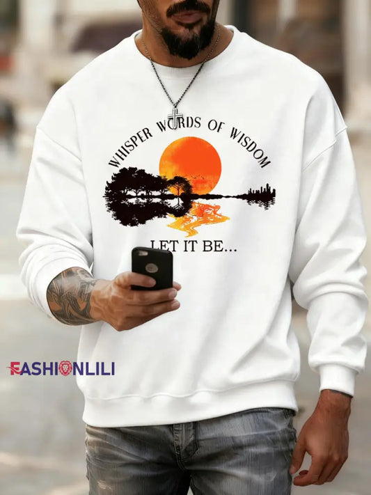 Men’s Retro Whisper Words Of Wisdom Let It Be Guitar Print Casual Sweatshirt White / S