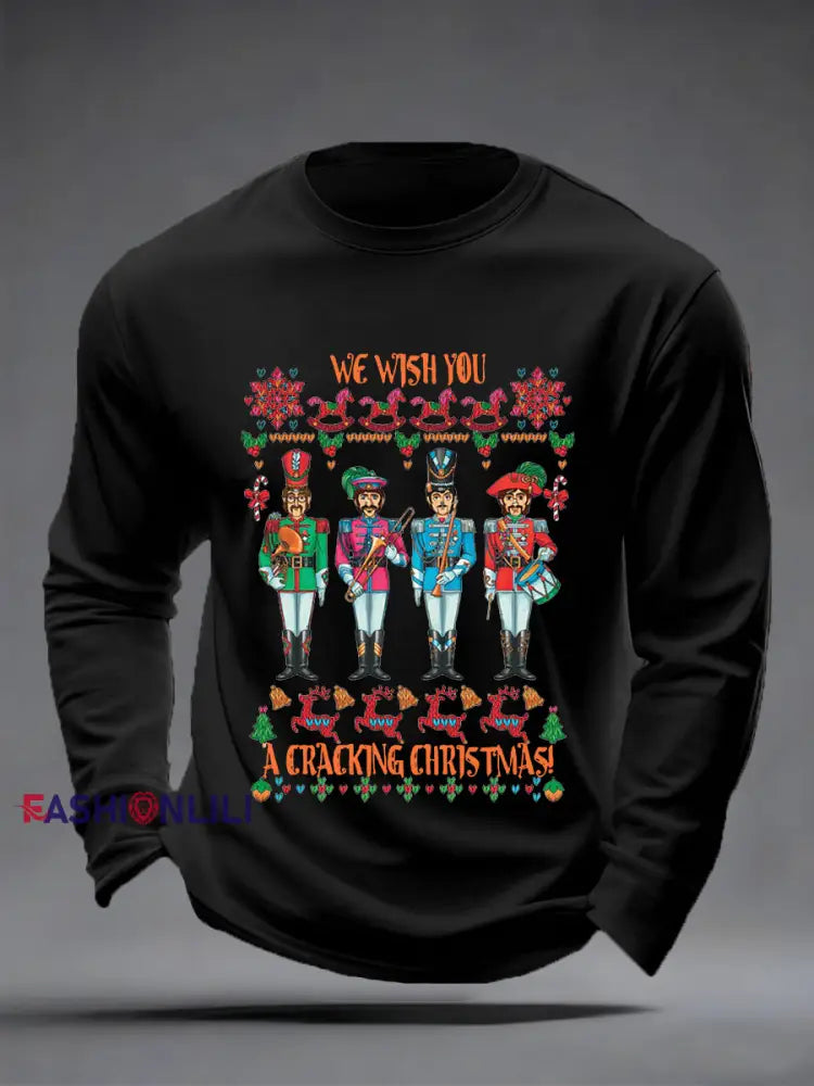 Men’s Retro Wish You Have A Cracking Christmas Classic Legendary Rock Band Print Casual Long Sleeve T-Shirt Black / S