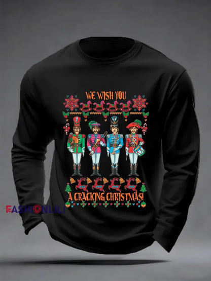 Men’s Retro Wish You Have A Cracking Christmas Classic Legendary Rock Band Print Casual Long Sleeve T-Shirt Black / S