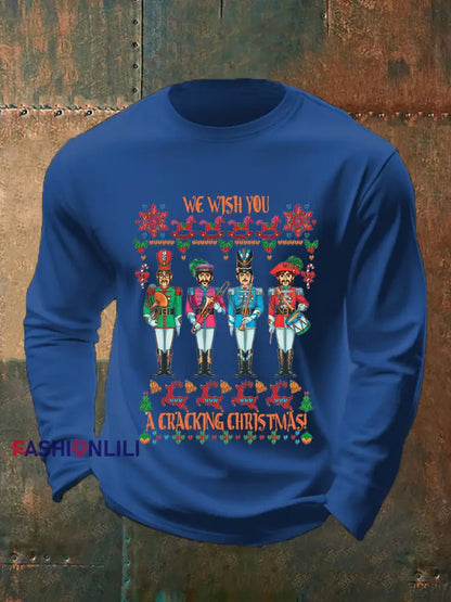 Men’s Retro Wish You Have A Cracking Christmas Classic Legendary Rock Band Print Casual Long Sleeve T-Shirt Blue / S