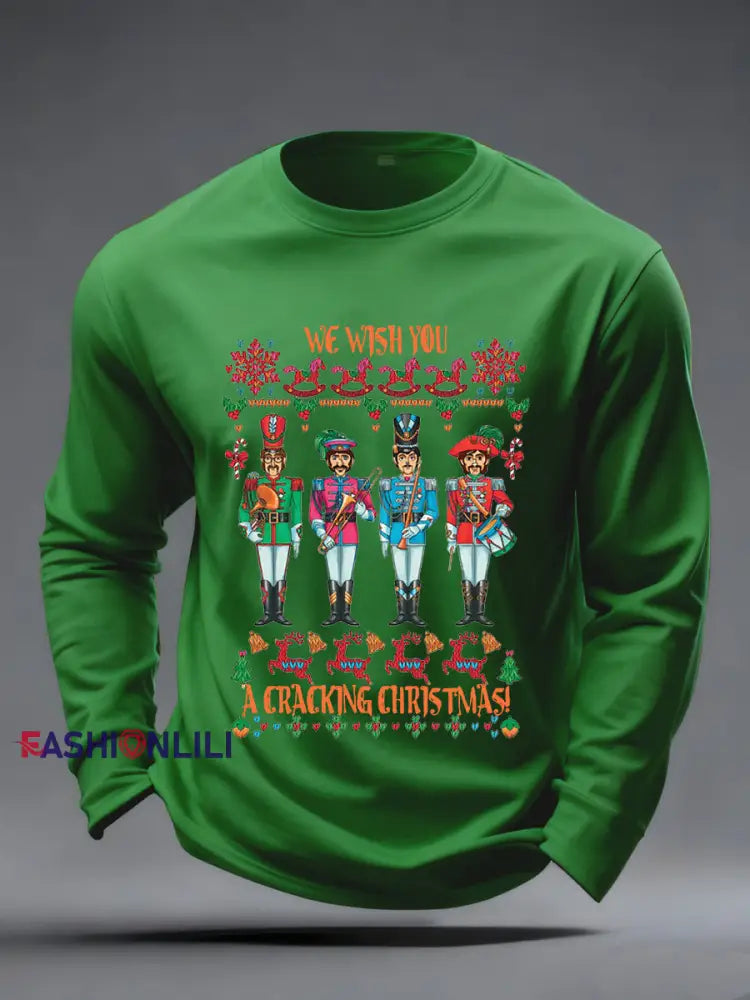 Men’s Retro Wish You Have A Cracking Christmas Classic Legendary Rock Band Print Casual Long Sleeve T-Shirt Green / S