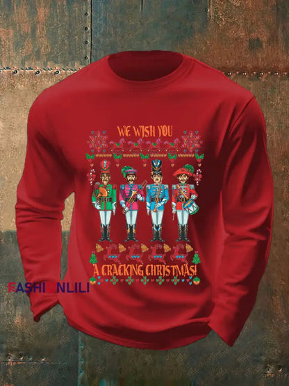 Men’s Retro Wish You Have A Cracking Christmas Classic Legendary Rock Band Print Casual Long Sleeve T-Shirt Red / S
