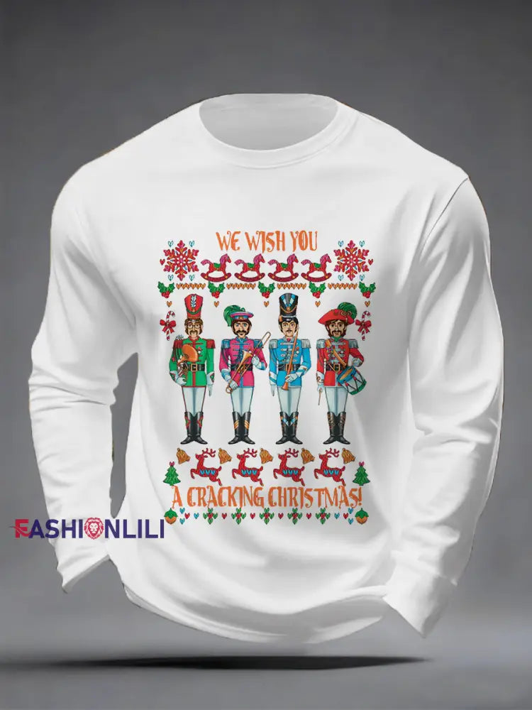 Men’s Retro Wish You Have A Cracking Christmas Classic Legendary Rock Band Print Casual Long Sleeve T-Shirt White / S