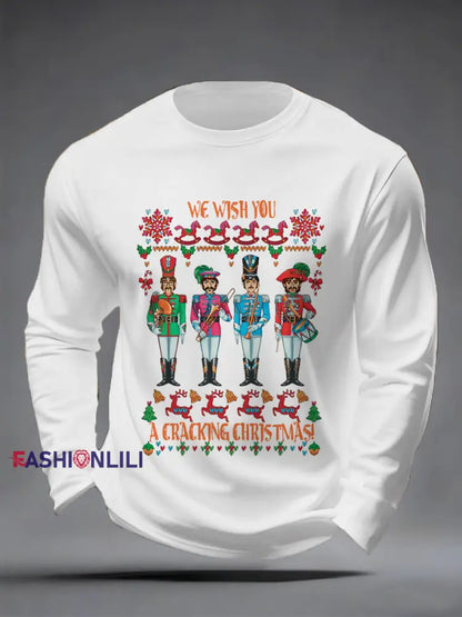 Men’s Retro Wish You Have A Cracking Christmas Classic Legendary Rock Band Print Casual Long Sleeve T-Shirt White / S