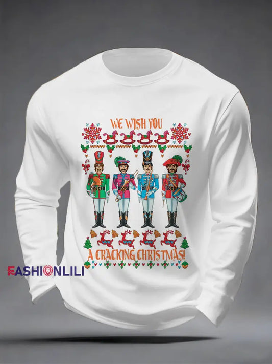 Men’s Retro Wish You Have A Cracking Christmas Classic Legendary Rock Band Print Casual Long Sleeve T-Shirt White / S