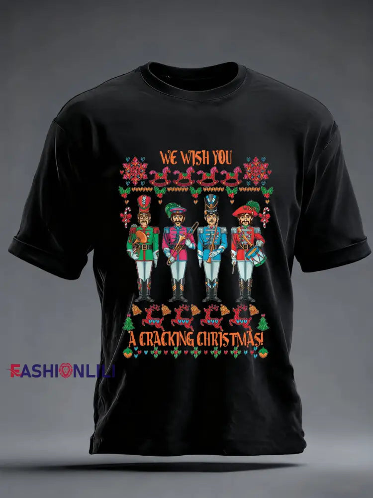 Men’s Retro Wish You Have A Cracking Christmas Classic Legendary Rock Band Print Casual Tee Black / S