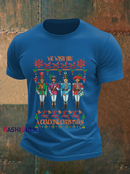 Men’s Retro Wish You Have A Cracking Christmas Classic Legendary Rock Band Print Casual Tee Blue / S