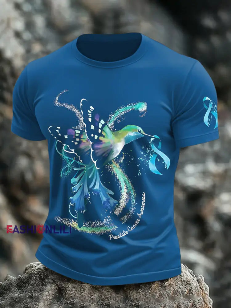 Men’s Ribbon Prostate Cancer Hummingbird T Shirts Blue / S