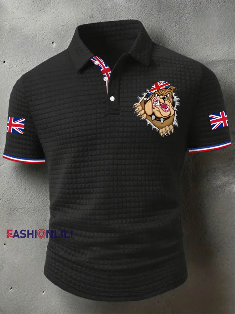 Men’s Rip Open Torn Bulldog Union Jack Flag Print Casual Short-Sleeve Waffle Top Black / S
