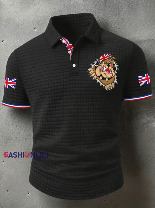 Men’s Rip Open Torn Bulldog Union Jack Flag Print Casual Short-Sleeve Waffle Top Black / S