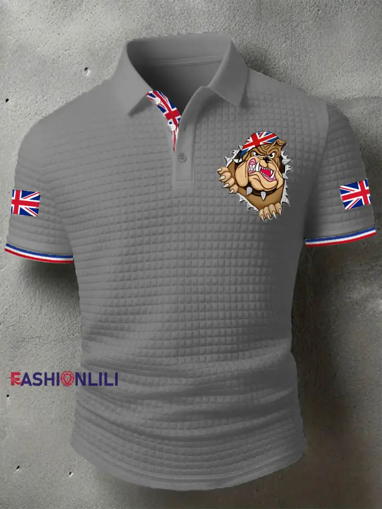 Men’s Rip Open Torn Bulldog Union Jack Flag Print Casual Short-Sleeve Waffle Top Gray / S