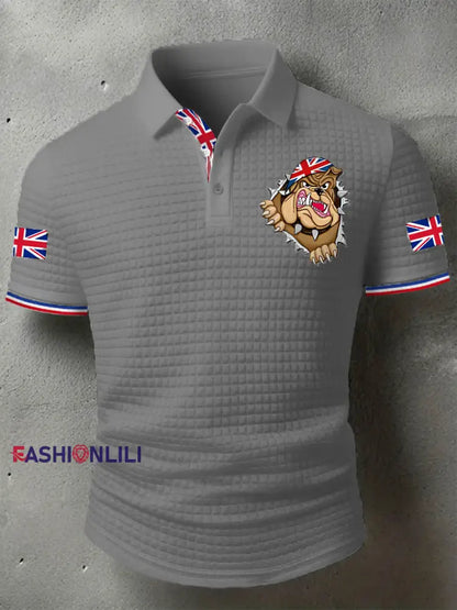 Men’s Rip Open Torn Bulldog Union Jack Flag Print Casual Short-Sleeve Waffle Top Gray / S