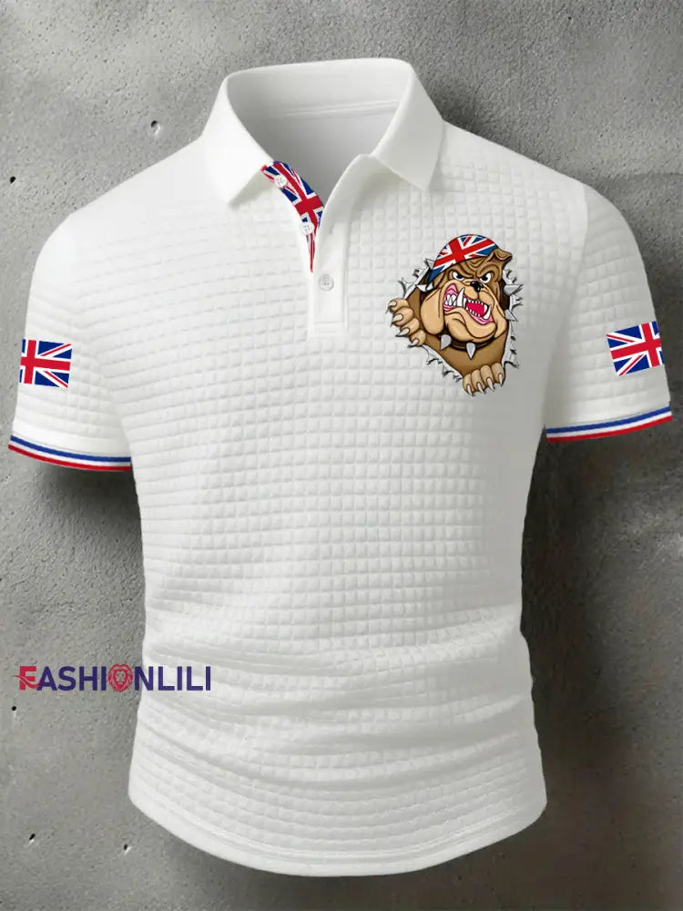 Men’s Rip Open Torn Bulldog Union Jack Flag Print Casual Short-Sleeve Waffle Top White / S