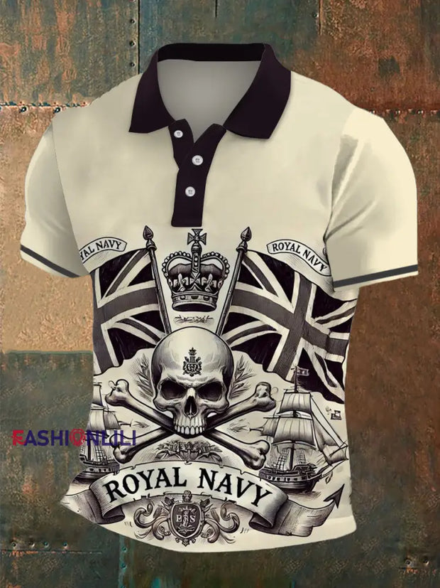 Men’s Royal Navy Print Polo Neck Plunger Short Sleeve T-Shirt Beige / S