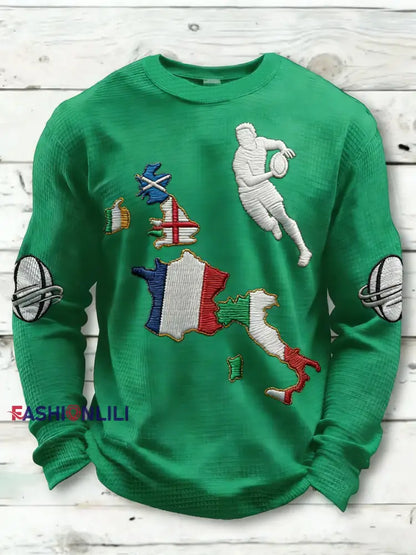 Men’s Rugby Lover Game of Nations Printed Waffle Long Sleeve Top Green / S
