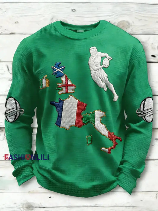 Men’s Rugby Lover Game of Nations Printed Waffle Long Sleeve Top Green / S
