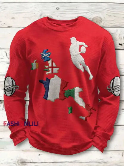 Men’s Rugby Lover Game of Nations Printed Waffle Long Sleeve Top Red / S