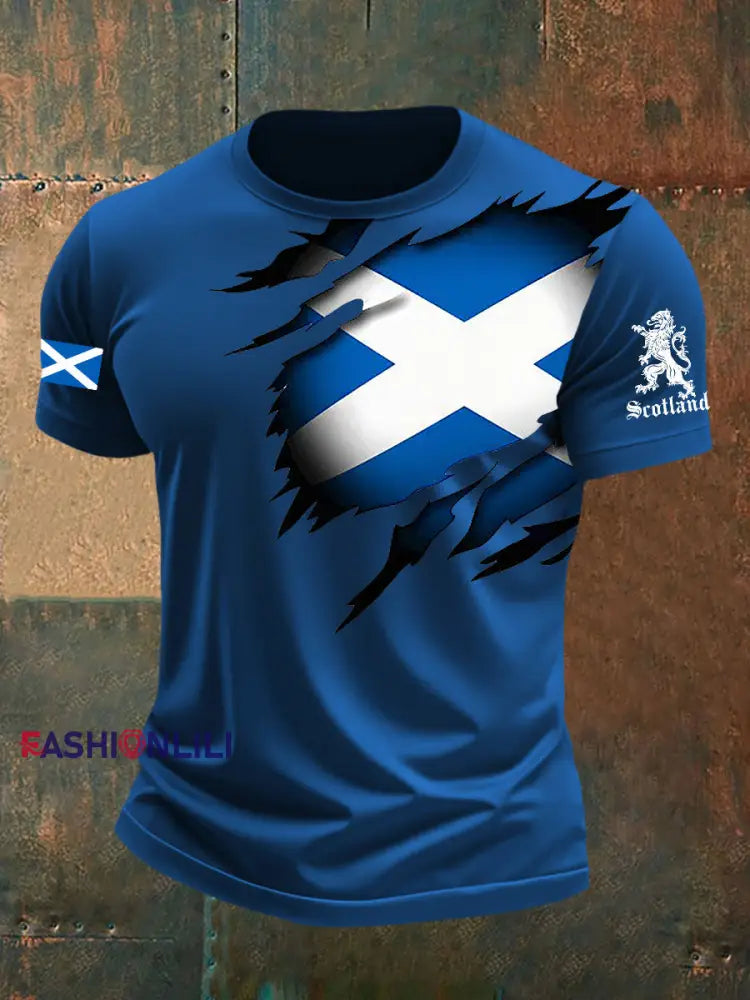 Men’s Scotland Flag Proud The Brave Printed Casual Short Sleeve T-shirt Blue / S