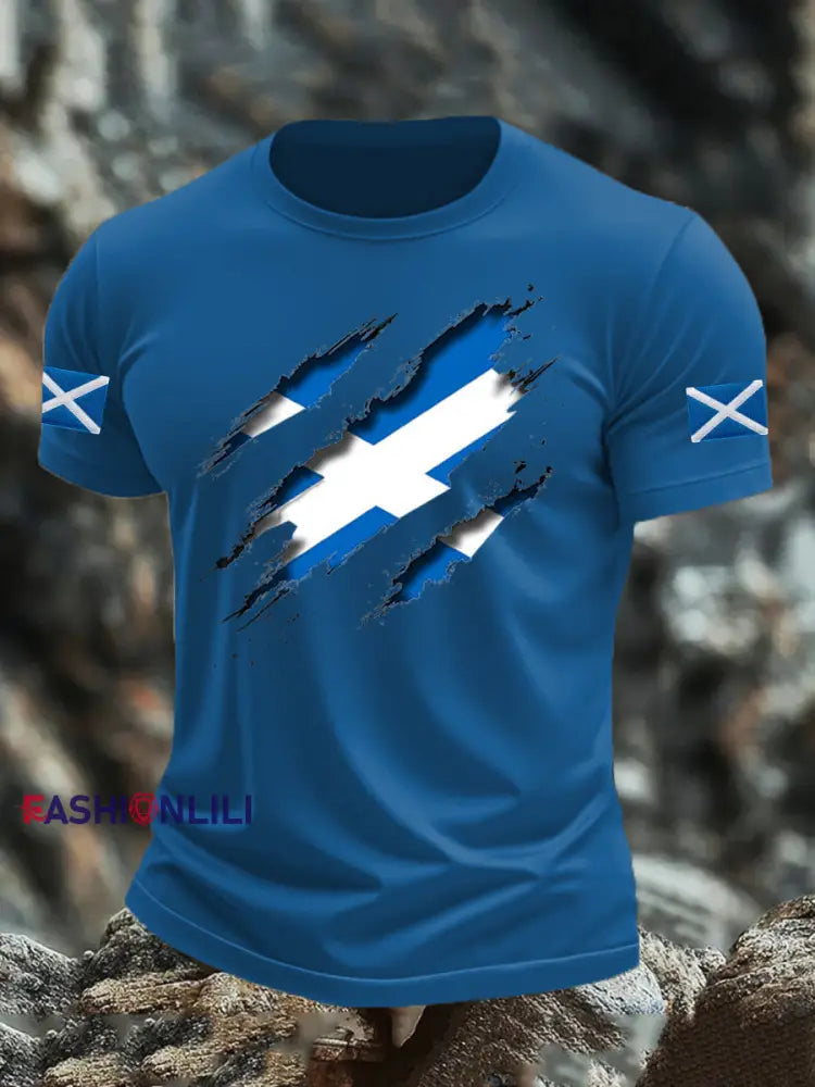 Men’s Scotland Flag Proud The Brave Printed Casual Short Sleeve T-shirt Blue / S