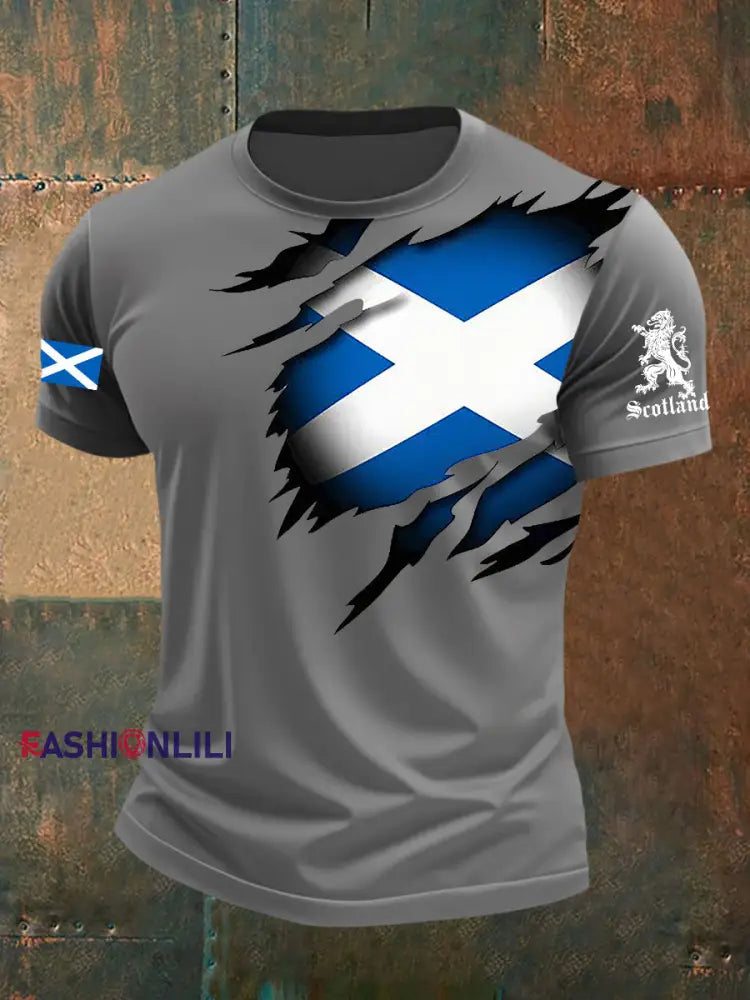 Men’s Scotland Flag Proud The Brave Printed Casual Short Sleeve T-shirt Gray / S