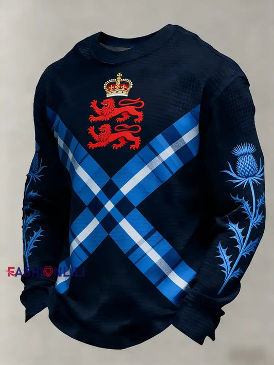 Men’s Scotland Football Lover Tartan Army Casual Waffle Weave Top Navy Blue / S