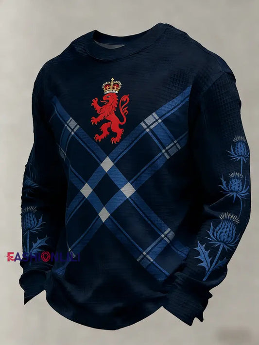 Men’s Scotland Football Lover Tartan Army Casual Waffle Weave Top Navy Blue / S